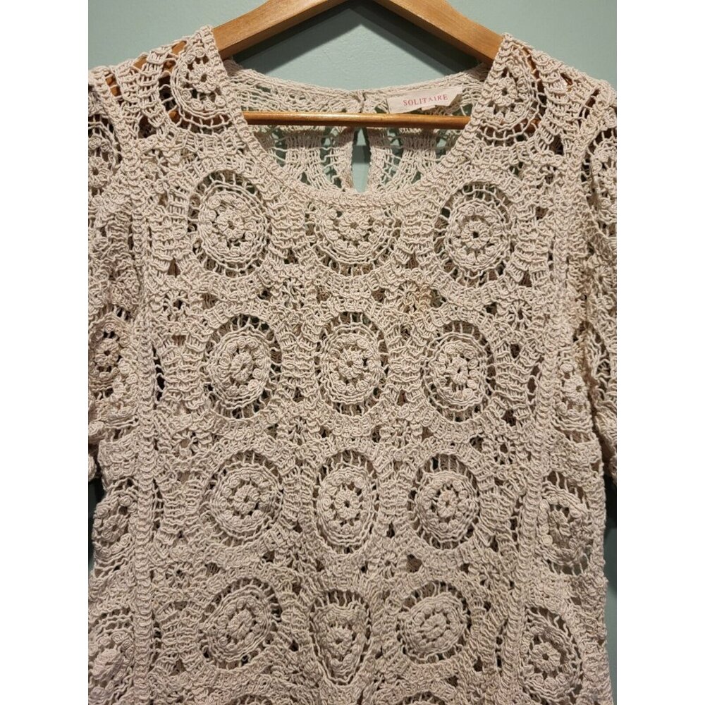 Solitaire Beige Open Knit Short Puff Sleeve Cottagecore Top Sz M - Picture 2 of 9